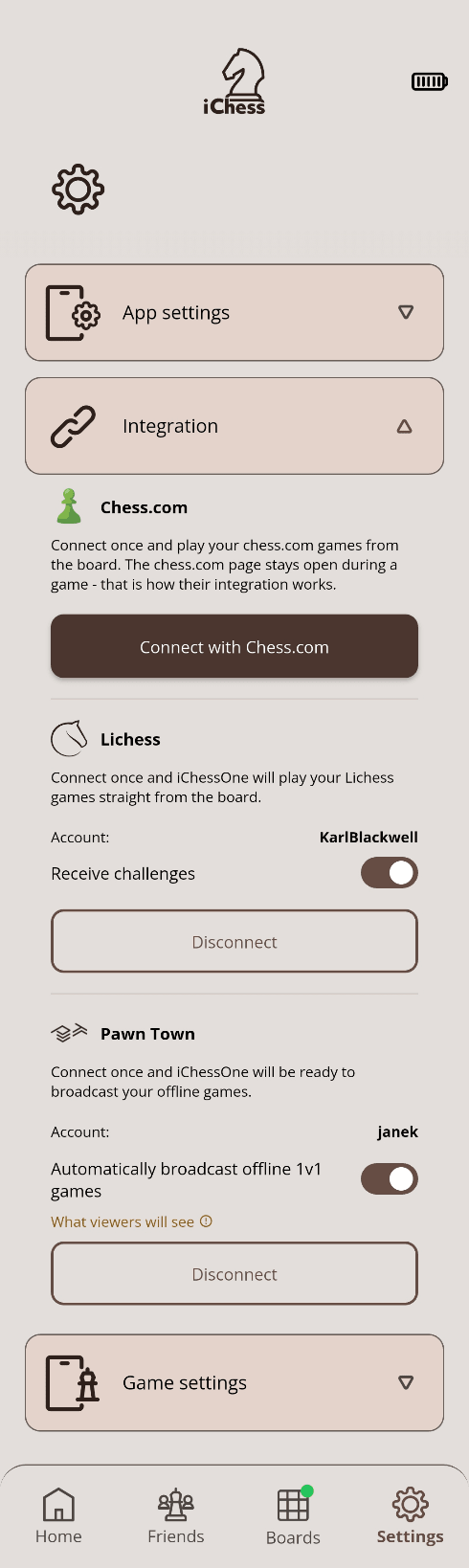 Integration settings for connected accounts and broadcasting.