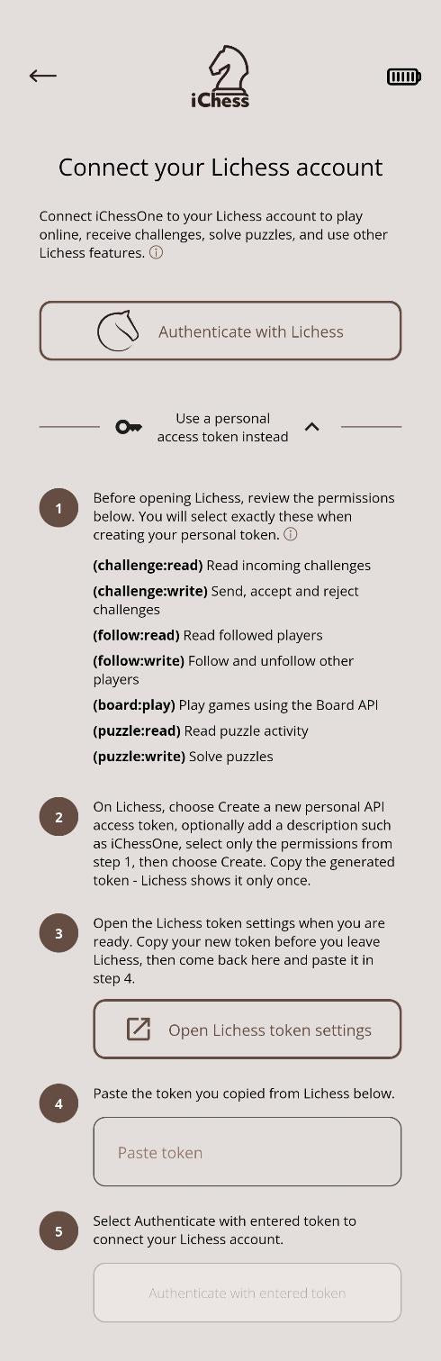 Connect your Lichess account using direct authorization or a personal access token.