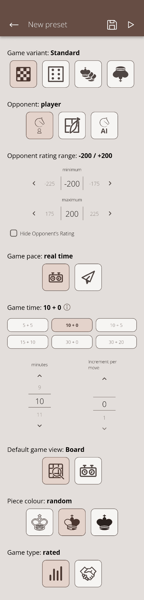 Review the opponent, time control and game options before starting a Lichess game.