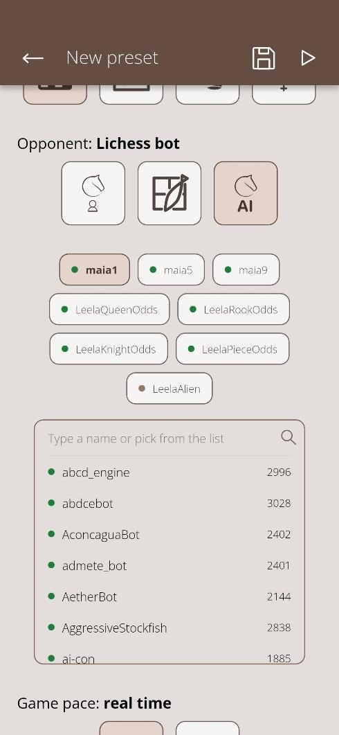 Preset options change with the selected opponent and game mode.