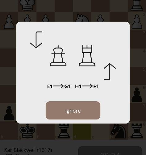 The castling dialog shows the king and rook destinations.