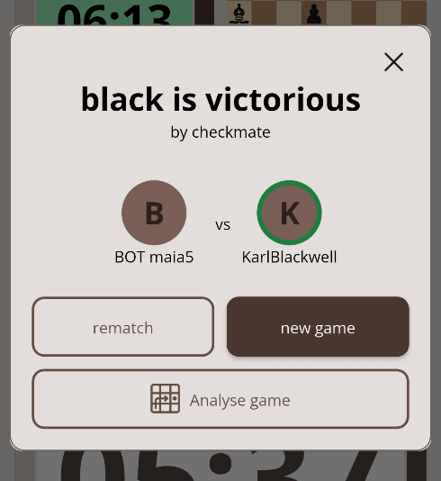 After a game, choose a rematch, a new game or analysis.