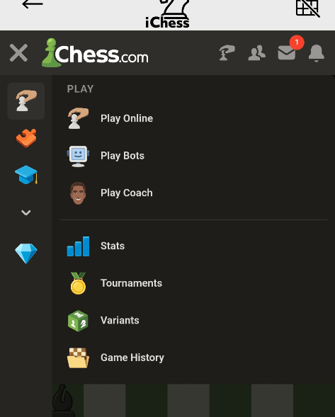 Open the Chess.com menu for Play Bots and Play Coach.