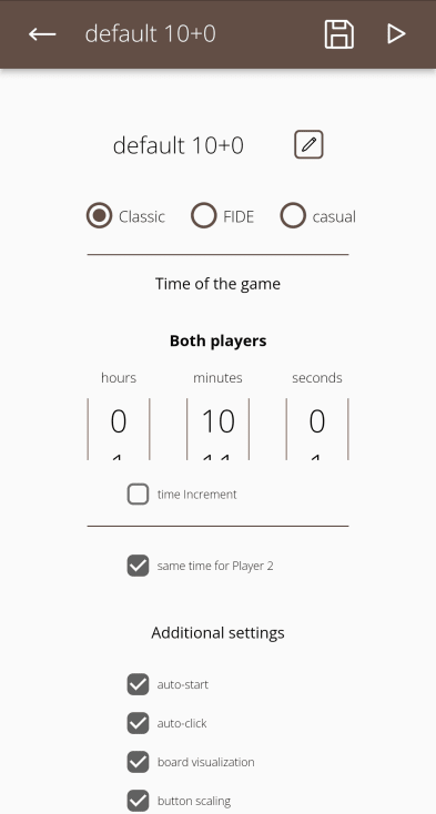 Configure the clock and move-confirmation options before playing.
