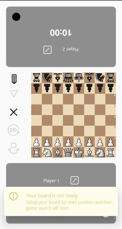 The offline game screen shows the clock, position and move-confirmation controls.