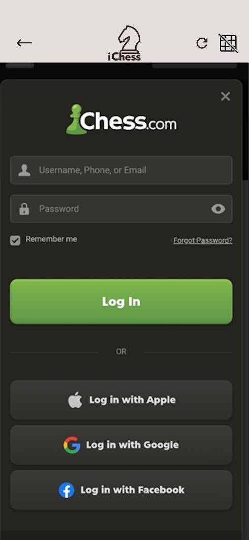 Sign in inside the Chess.com section of the iChessOne app.